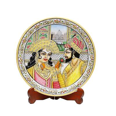 #ad Handmade 9 Inch Designer Marble Plate Round Rajasthani King Queen Painting