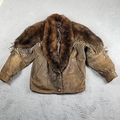 #ad Marvin Richards Leather Embossed Coat w Real Opossum Fur Fringe Western Cowboy M