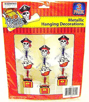 #ad PIRATE PARTY METALLIC HANGING DECORATION 3 Pack Pirates Skull Ship Chest New I