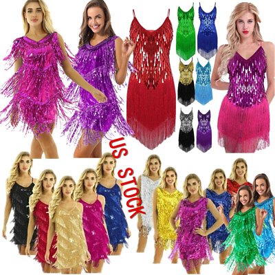 #ad US Womens V Neck Sleeveless Sparkling Sequin Fringe Ballroom Latin DanceDress