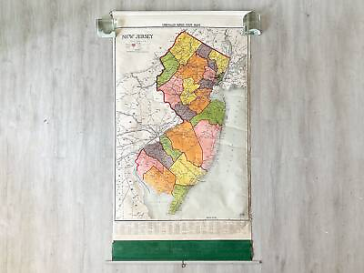 #ad 1950s Rare Large Pull Down Map of New Jersey by A.J. Nystrom Unrivaled Series S
