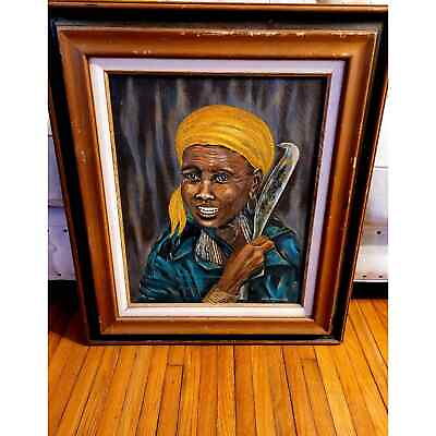 #ad Vintage African American Oil On Canvas Beautiful Lady Black Woman Portrait
