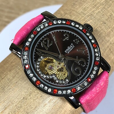 #ad Fineat Automatic Hot Pink Band Womens Skeleton Watch