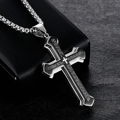 Men Cross Pendant Necklace Stainless Steel Multilayer Lord#x27;s Prayer Chain 24quot;