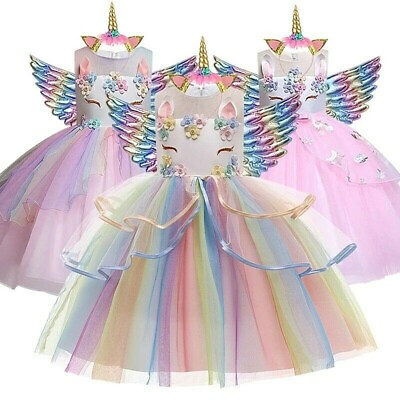 #ad Girl Unicorn Costume Tutu Dress Party Kids Fancy Rainbow Wings Princess Birthday