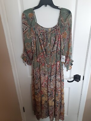 #ad FIGUEROA AND FLOWER WOMENS LONG DRESS SIZE L NWT FLORAL LIGHT GREEN