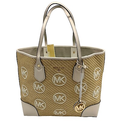 #ad Michael Kors Eva Large Woven Straw and Cream Leather Trim Tote Bag with Leather