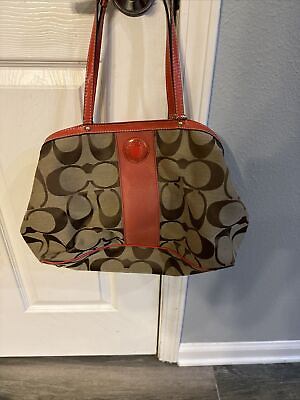 #ad Coach Shoulder Tote Brown And Orange Accents. Medium Sized Signature Pre owned