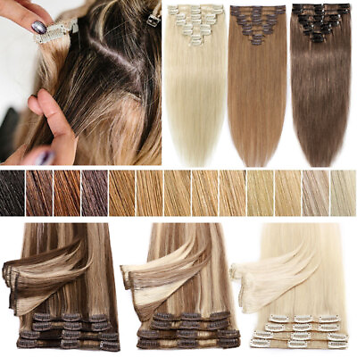 #ad SOFT 100% Real Remy Human Hair Extensions Russian Clip In 8Pieces Full Head Weft