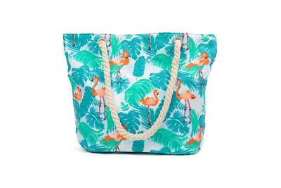 #ad Beach TOTE Canvas Flamingo Tropical Bag with Top Zipper Closure