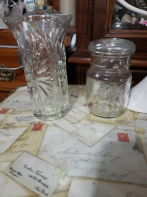 #ad Vintage Clear Glass Lot Of 2 FTD Vase candel Holderamp; Ball Jar With Lid