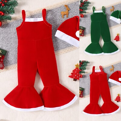 #ad Toddler Girls Kids Christmas Jumpsuit Flared Pants Santa Hat Xmas Outfit Set