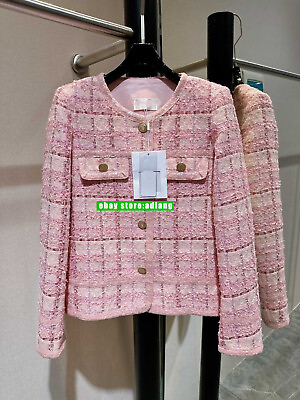 #ad 2024SML new fashion high quality women Boutique pink roumd neck tweed coat grace