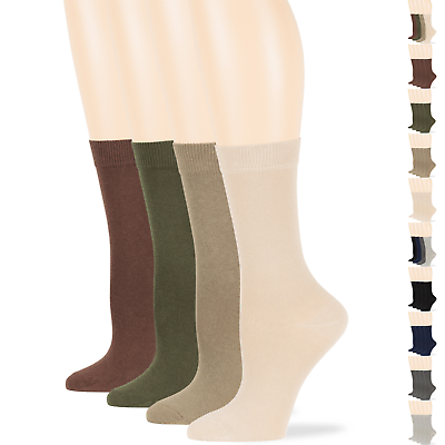 #ad Women#x27;s Cotton 4 Pack Solid Crew Socks L M Black Navy Brown Beige Khaki Grey