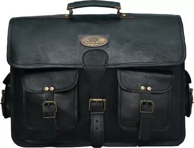 Vintage Laptop Messenger Briefcase Bag Satchel Black Men#x27;s Buff Leather 18 Inch