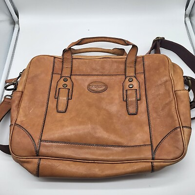 #ad FOSSIL Brown Leather Laptop Bag Satchel Plaid lining Messenger Shoulder Strap