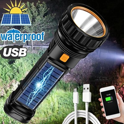 #ad LED Solar Tactical Flashlight Rechargeable Torch Outdoor Camping Lantern Light