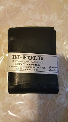 #ad Bi Fold Wallet Genuine Leather Black Multi Window Pass Case Compact Spacious New