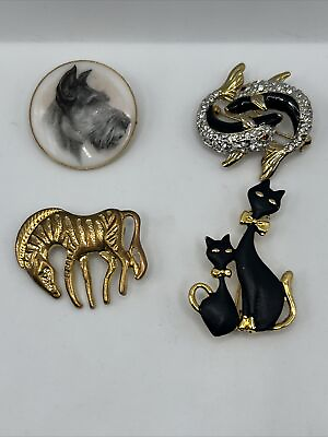 #ad vintage gold assorted animal brooch pins schnauzer fish zebra cats