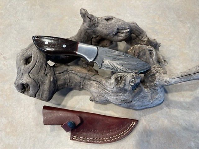 #ad Custom Carbon Handle Damascus Steel hunter skinner knife and leather sheath