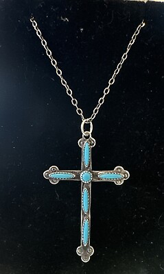 #ad Sterling Fred Harvey Era Vintage Turquoise Cross Pendant 18quot;
