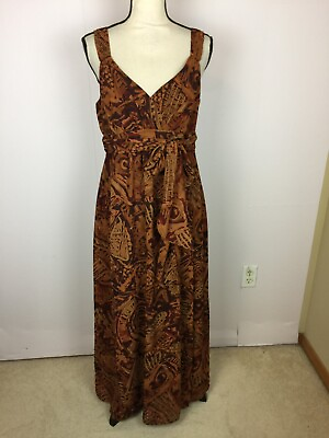 #ad Robbie Bee Maxi Dress Size 10 Womans Brown Print V Neck Belted Sleeveless Lined
