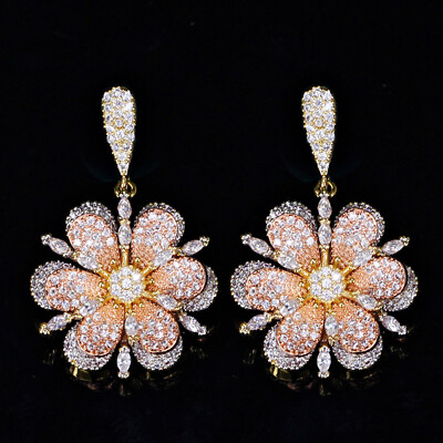 #ad Rose Gold Plated 3D Flower CZ Long Dangle Drop Earrings 925 Silver Pin for Women