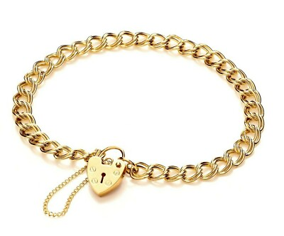 #ad 9CT GOLD CHARM BRACELET SOLID HEAVY DOUBLE CURB LINK HEART PADLOCK GIFT BOX