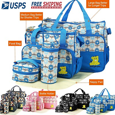 5PCS Baby Nappy Bag Travel Tote Set Mummy Diaper Shoulder Bag with Changing Pad