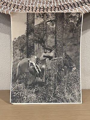 #ad c1940s Hunter On Horse With Dead Deer 9.5x13” Photo Vintage Vtg