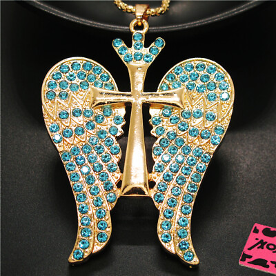 #ad New Blue Cute Crown Wings Cross Crystal Pendant Fashion Women Chain Necklace