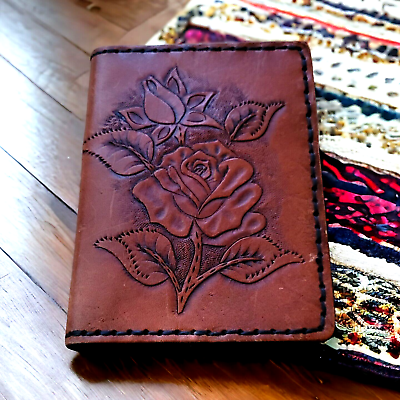 #ad Leather Hand Tooled amp; Stitched Leather Wallet Embossed Rose Flower vtg