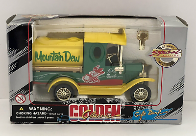 #ad Golden Classic Mountain Dew Die Cast Gift Bank Die 1996 New in Box