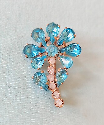 #ad Vintage Old Signed Czech O Blue Glass Clear Rhinestone Flower Pin