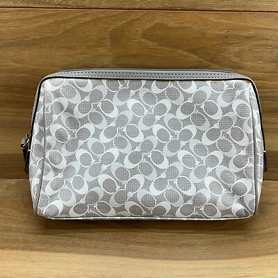 #ad Coach Signature Cosmetic Bag Zip Travel Coated Canvas Gray Leather Trim White