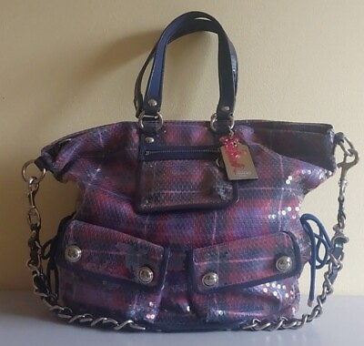 #ad COACH Poppy Sequin Purple Tartan 2Way Shoulder Large Tote Bag With Strap