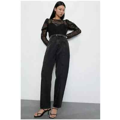 #ad Zara the Quinn Pleated Straight Leg Jeans High Rise Cotton Women Black Size 4