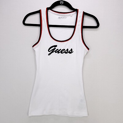 #ad Guess Los Angeles Logo Tank Top Women Junior Small White Trim Sleeveless Stretch
