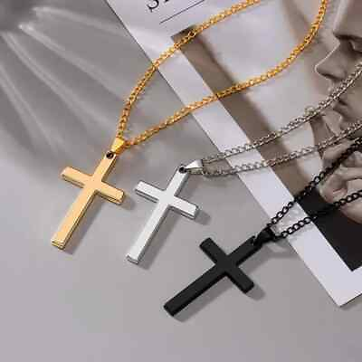 Cross Pendant Necklace Stainless Steel Cuban Chain Silver Plated Gold Men Women