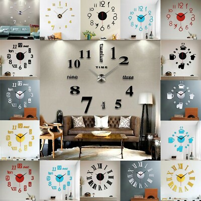 #ad DIY Large Number Wall Clock 3D Mirror Sticker Modern Home Office Decor Art Decal
