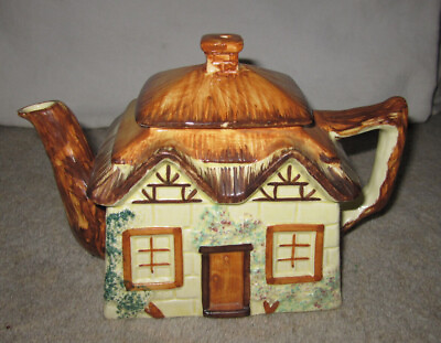 #ad Vtg Keele Street Pottery thatched roof cottage ware Staffordshire novelty teapot