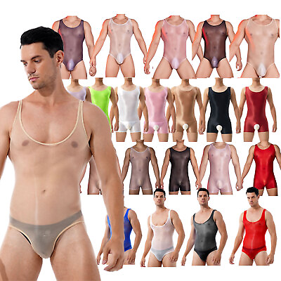 #ad Mens Sexy Sheer Sleeveless Slim Bodysuit See through Leotard Underwear Nightwear