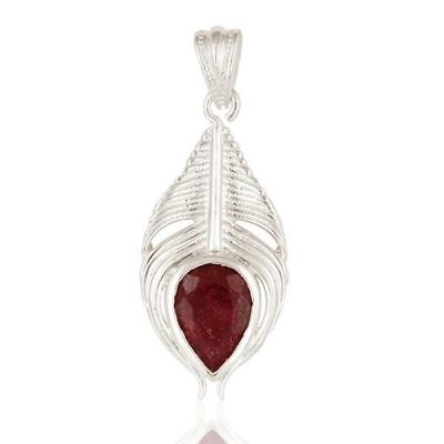 #ad Ruby Corundum 925 Sterling Silver Peacock Feather Pendant Jewelry