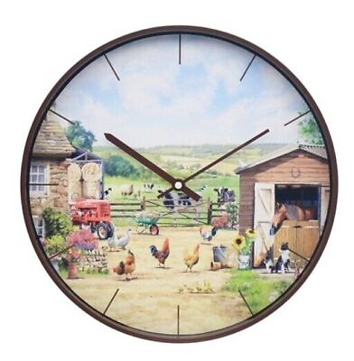 #ad Farmyard Round Wall Clock Battery Operated Boxed Farm Animals Tractor Gift