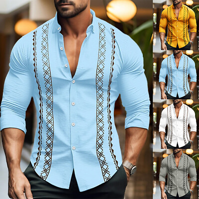 #ad Mens Striped Button Shirts Long Sleeve Work Casual Muscle Slim Fit Shirt Tops