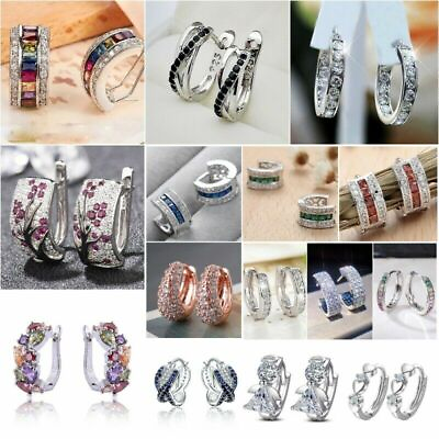 Elegant 925 Silver Hoop Earrings Cubic Zirconia Ear Stud Women Wedding Jewelry C $3.63