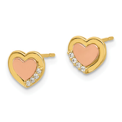 #ad 14K Two Tone Gold Cubic Zirconia CZ Heart Earrings