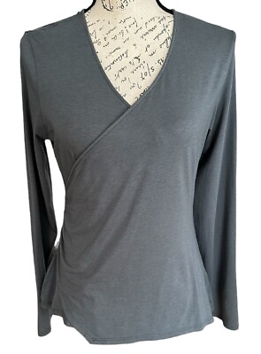 #ad Garnet Hill Top Womens Medium Gray Pima Cotton Long Sleeve V neck Crossover Top