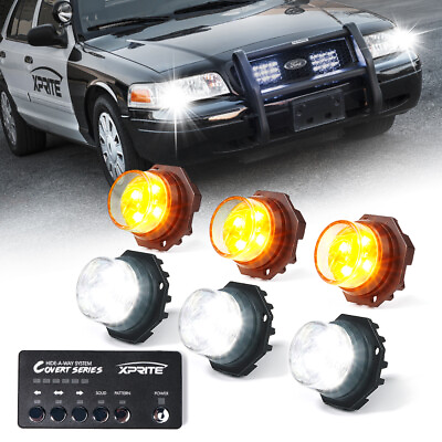#ad Xprite 6x White Amber LED Strobe Lights Kit Hideaway Car Truck Emergency Warning