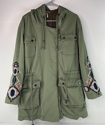 #ad Free People Military Embroidered Jacket Green Hooded Full Zip Womens Small